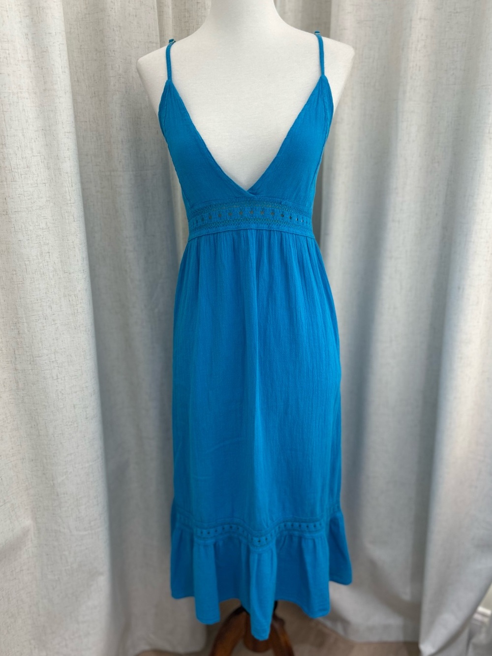 NWT Seaspice ResortWear Carmela Crochet Trim Maxi Dress Blue Size S Boho Beach